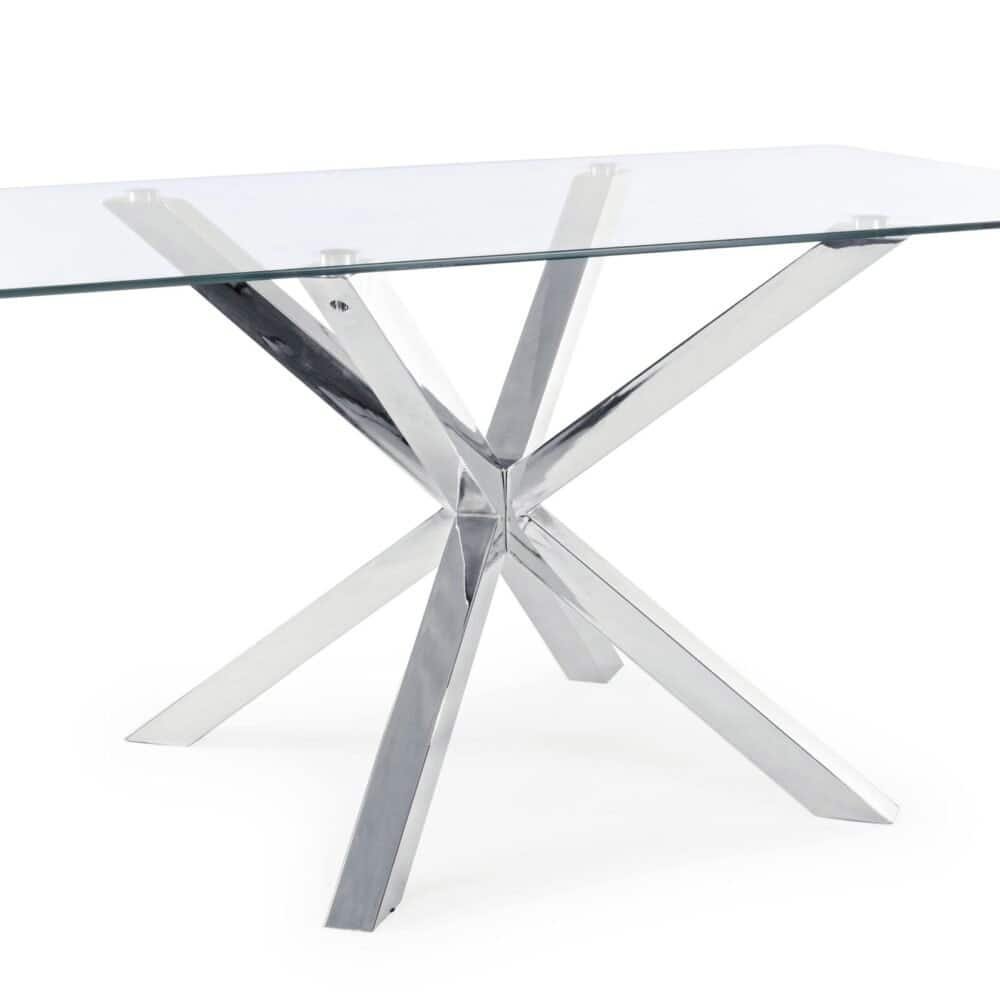 Testo alternativo: Tavolo da pranzo in vetro con base in metallo lucido, design elegante e moderno.