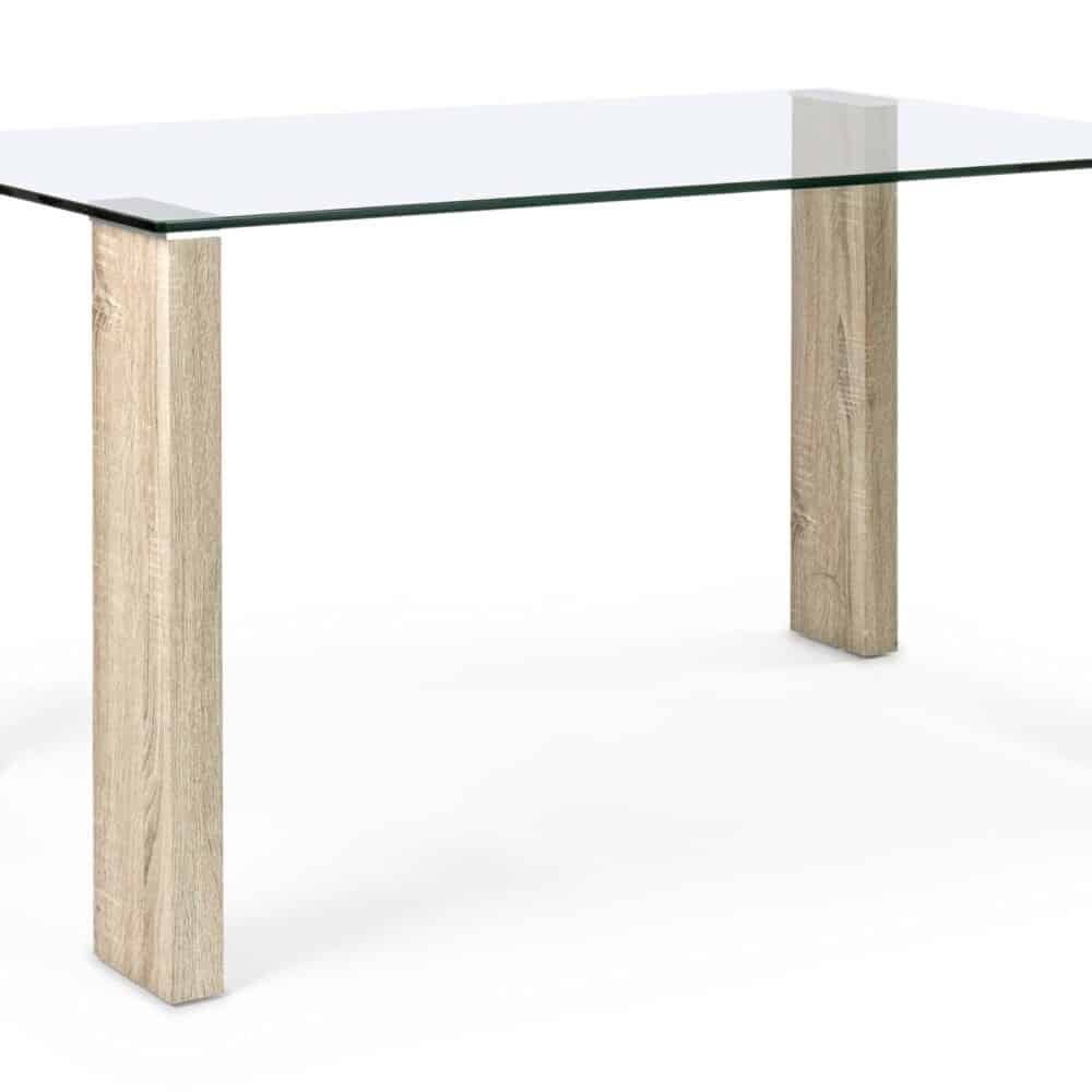 Tavolo con piano in vetro e gambe in legno naturale, design elegante e stabile. Perfetto per sala da pranzo o soggiorno.