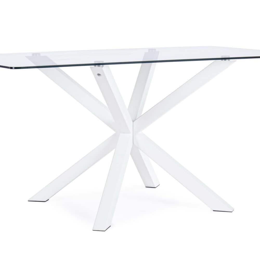 Tavolo moderno con piano in vetro e struttura bianca, perfetto per living e uffici contemporanei.