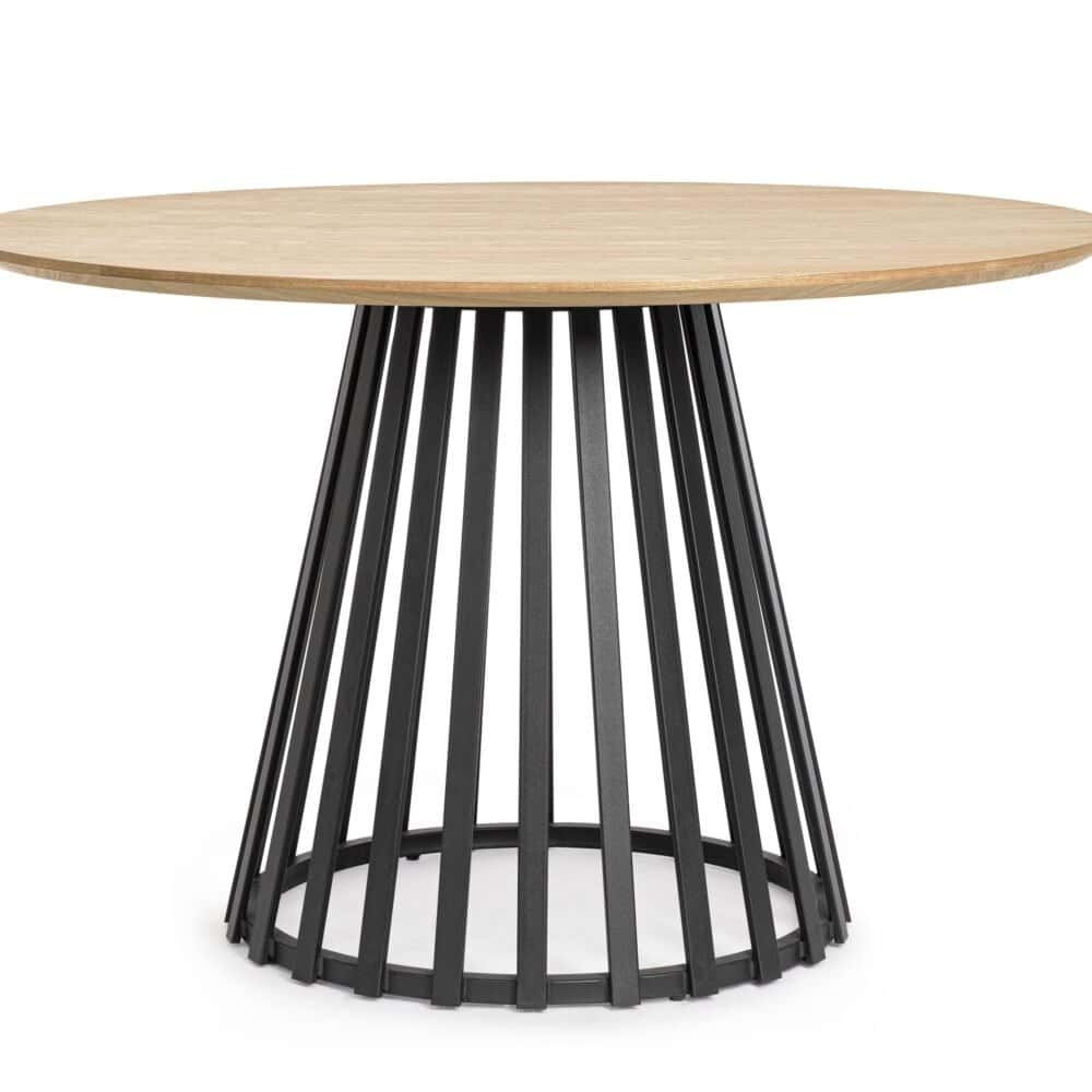 Tavolo con piano in legno naturale e base in metallo nero, design elegante e contemporaneo.