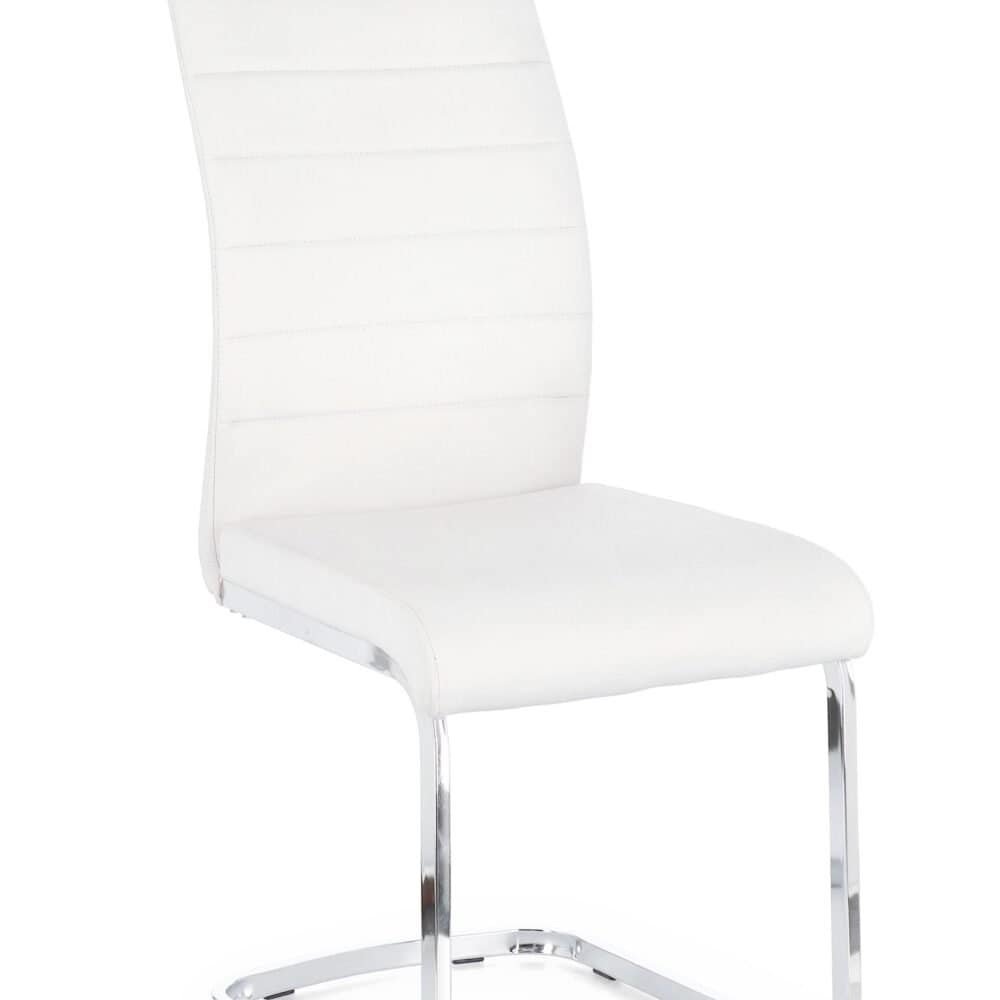 Sedia moderna bianca con rivestimento in tessuto e struttura in metallo lucido, perfetta per arredi eleganti.