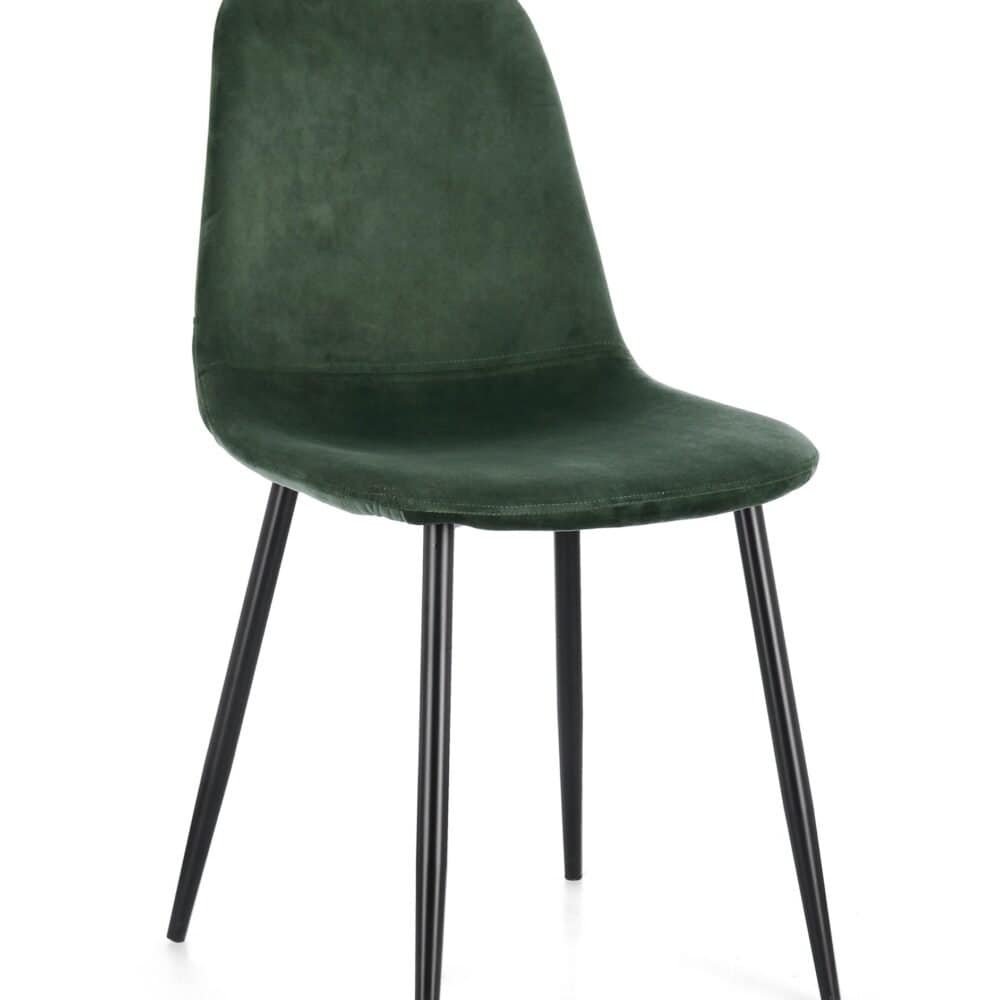 Sedia in velluto verde scuro con gambe in metallo nero, design elegante e sensazionale, perfetta per interni eleganti.