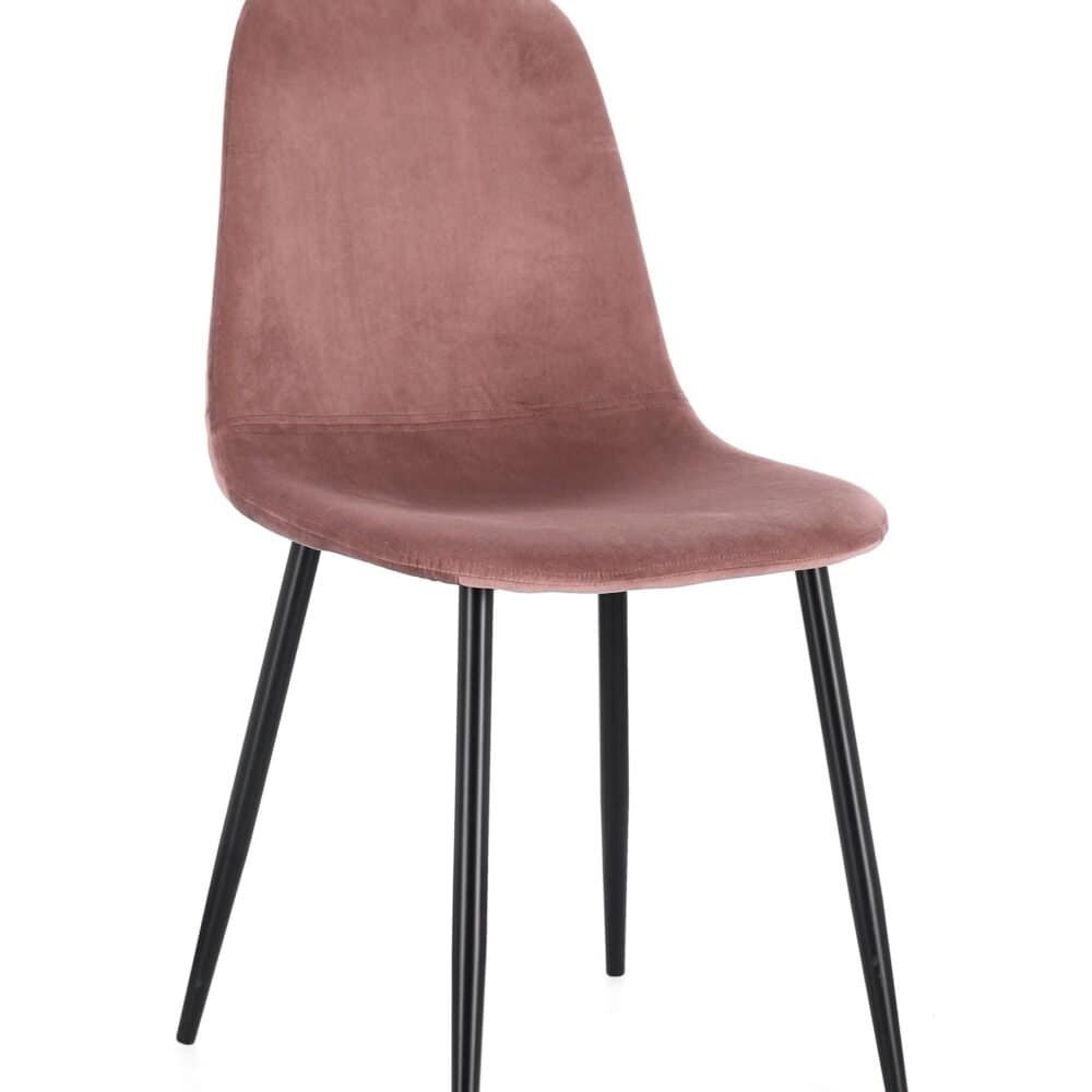 Sedia moderna in velluto rosa con gambe nere in metallo per arredo elegante.