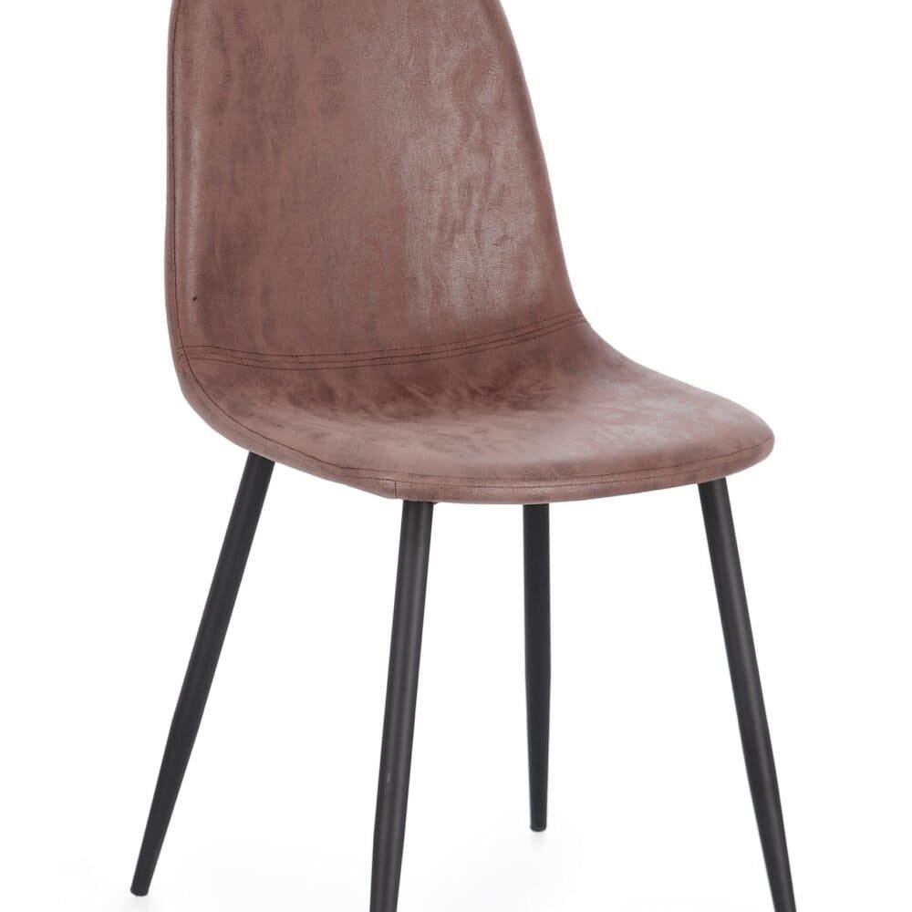 Sedia in pelle marrone con gambe nere, stile vintage e design elegante.