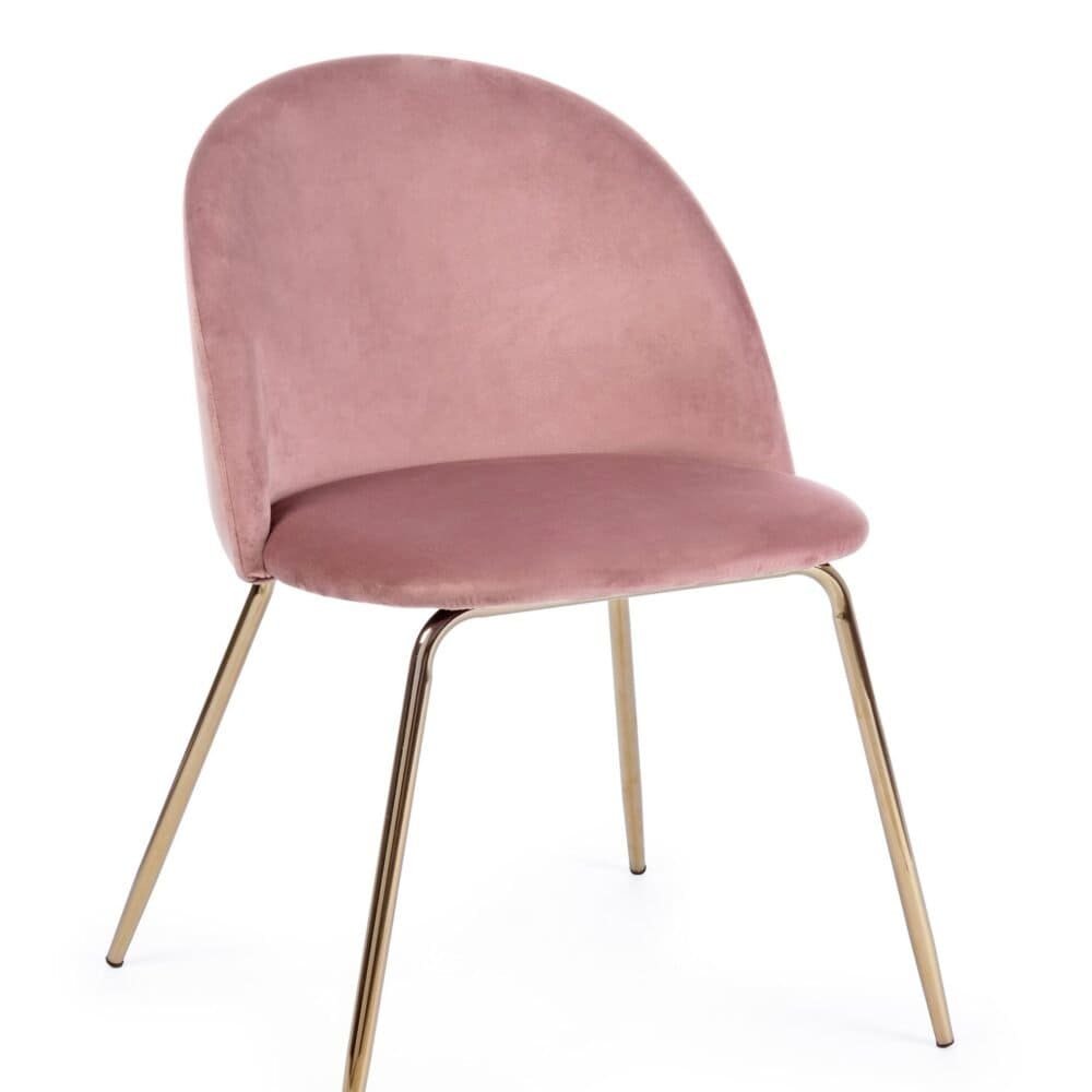 Sedie moderne in velluto rosa con gambe in metallo dorato, stile elegante e raffinato.