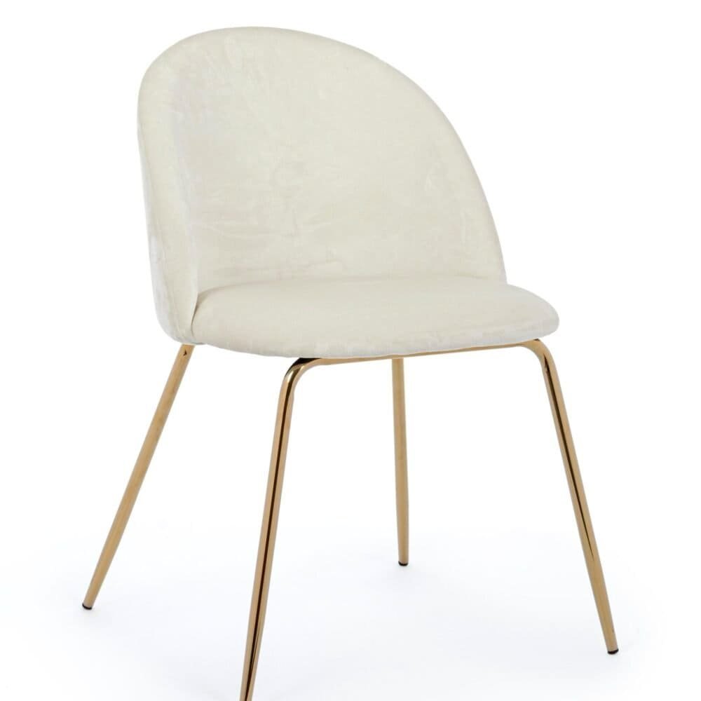 Sedia moderna con rivestimento in velluto bianco e gambe in metallo dorato.