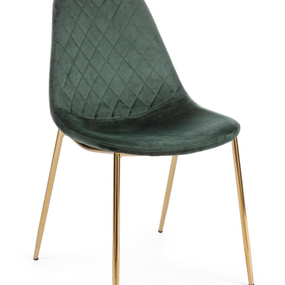 Sedia moderna in velluto verde con dettagli dorati, perfetta per arredamento di design.