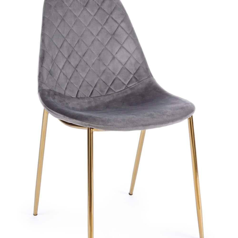 Sedia moderna in velluto grigio con struttura elegante dorata. Perfetta per ambienti di stile contemporaneo.