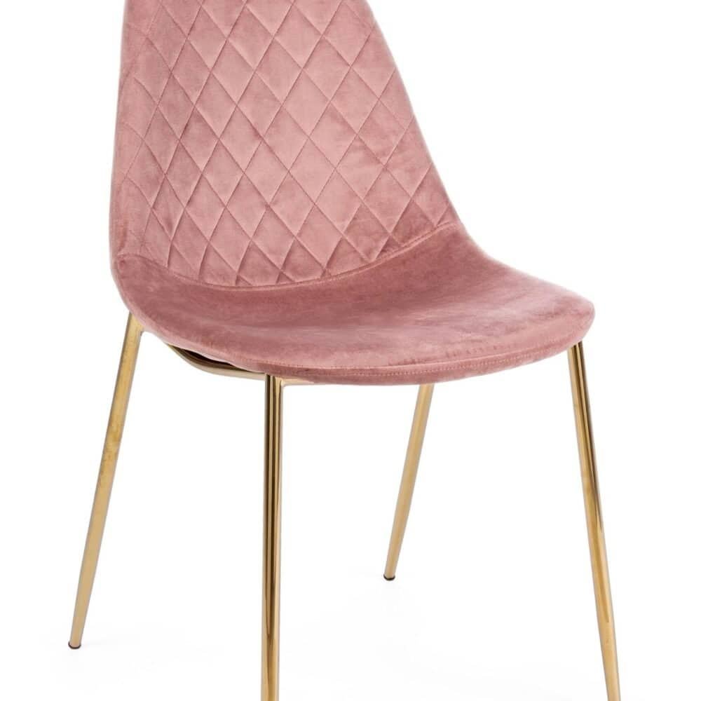 Sedie di design in velluto rosa con gambe in metallo dorato, stile moderno ed elegante.