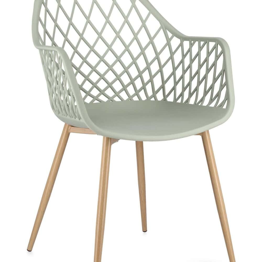 Sedia design in plastica con struttura in legno, ideale per interni ed esterni, stile contemporaneo.