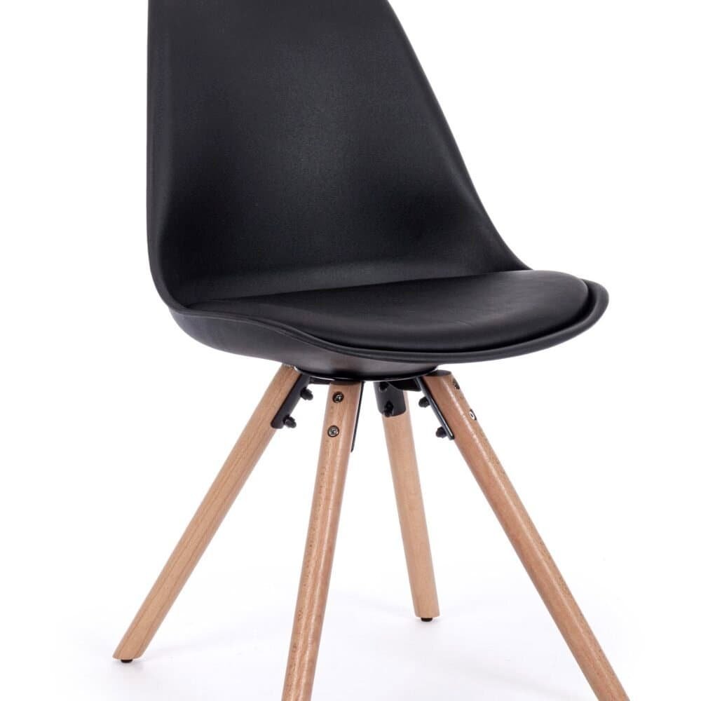 Sedia ergonomica in legno e pelle nera, ideale per casa e ufficio. Design elegante e confortevole.