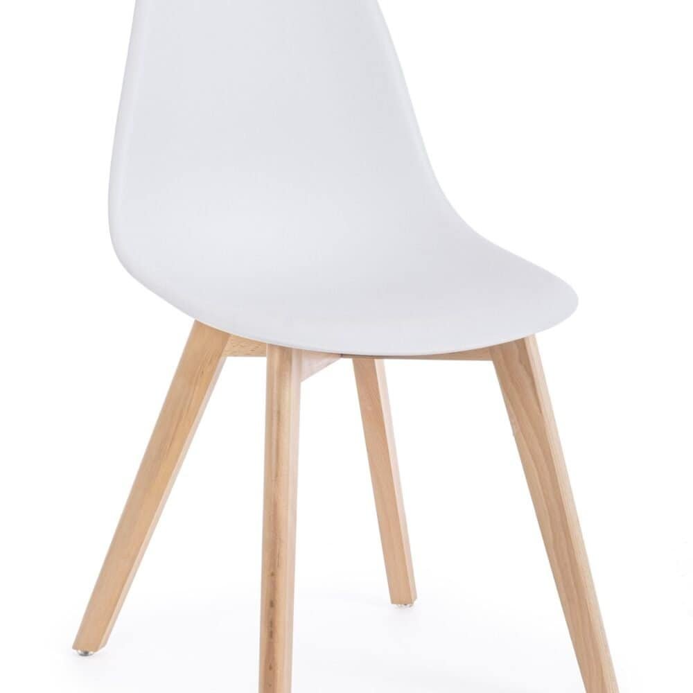 Sedia di design con seduta bianca e gambe in legno chiaro, perfetta per arredamento moderno.
