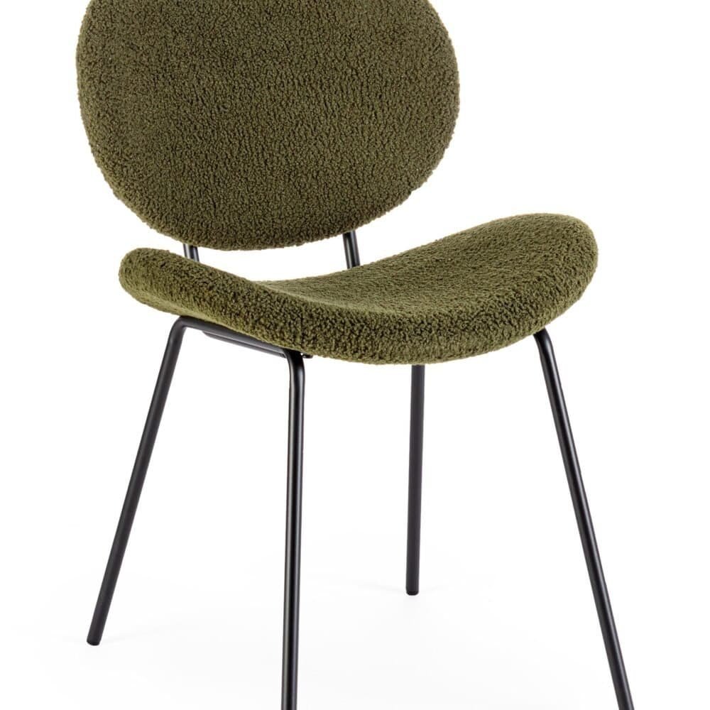 Sedia moderna in tessuto verde con struttura in metallo nero.