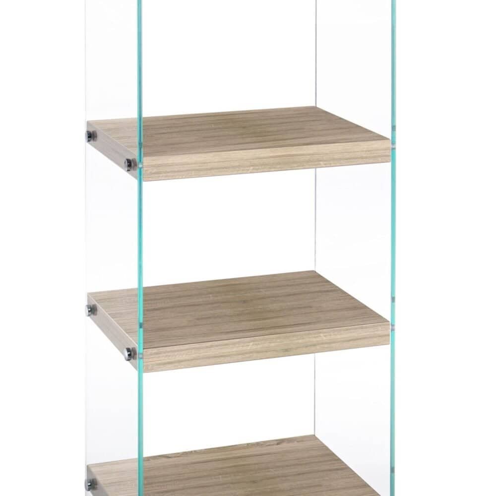 Sgabello con struttura in vetro e ripiani in legno MDF, elegante e resistente, ideale per arredamento di interni contemporanei.
