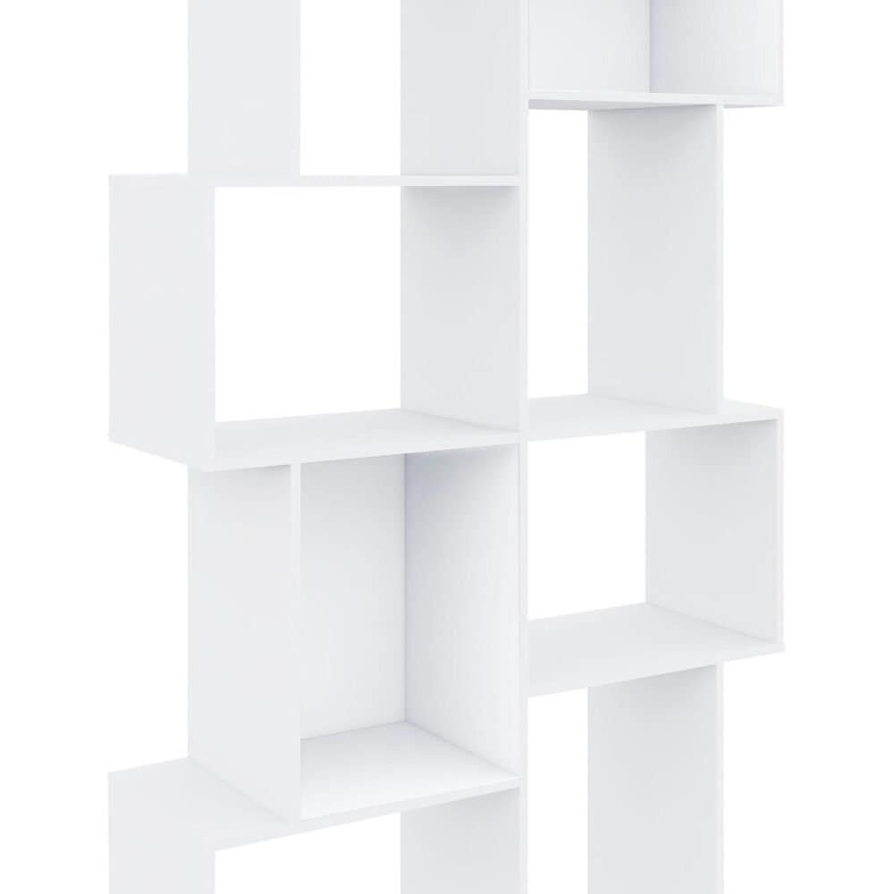 Libreria moderna bianca con design a cubo, ideale per salotti o uffici, versatile e offre spazio di archiviazione elegante.