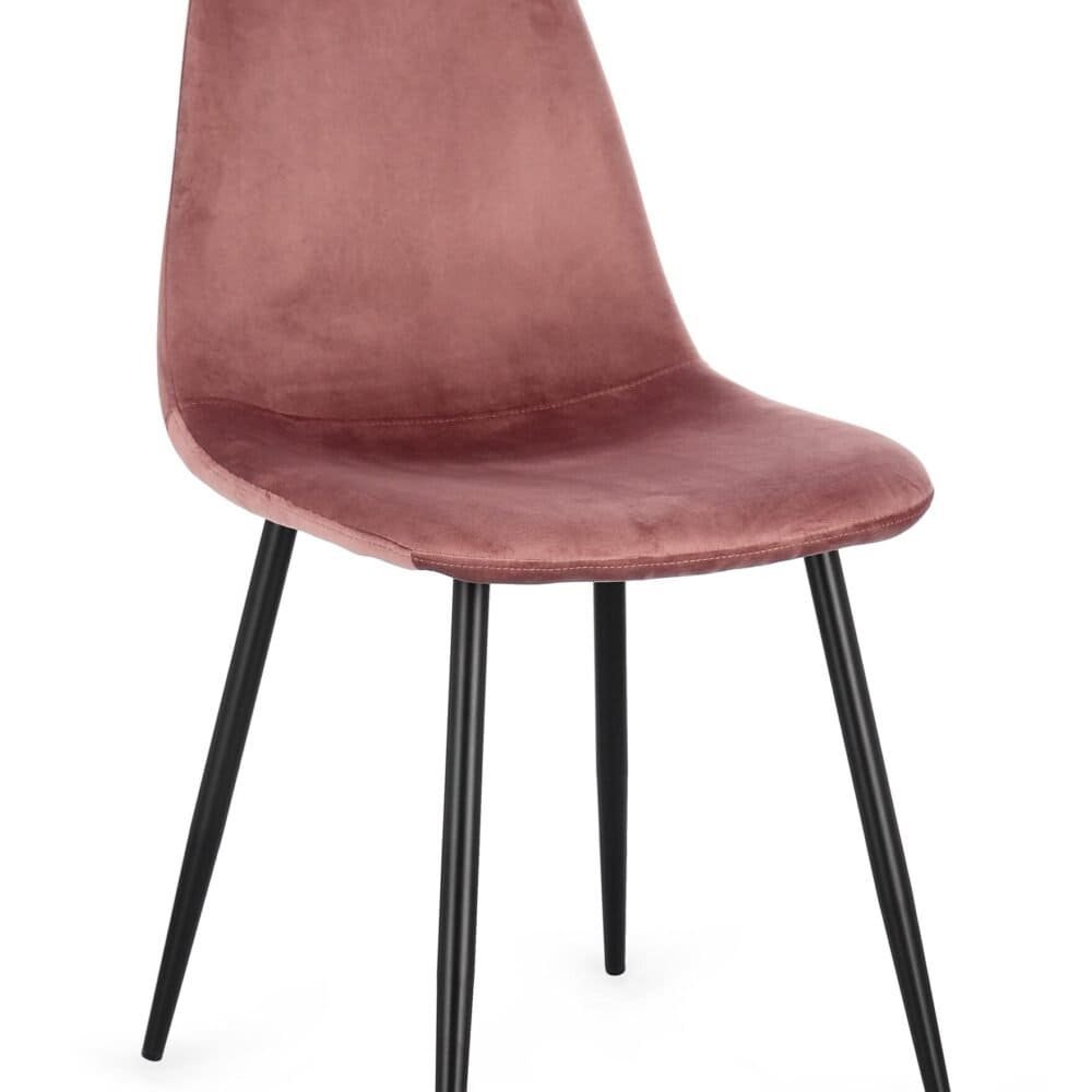 Sedia moderna con rivestimento in velluto rosa e gambe in metallo nero.