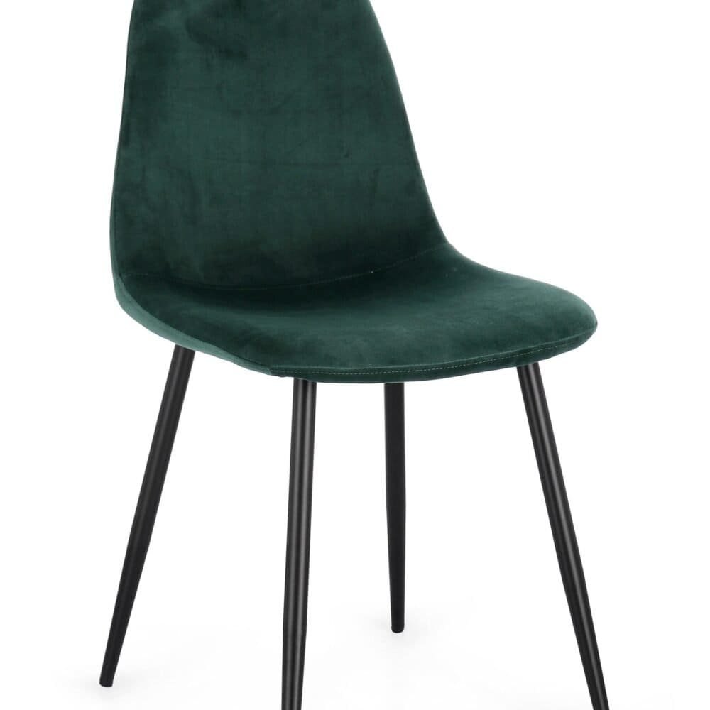 Sedie verde scuro con seduta e schienale imbottiti in velluto, stile moderno e elegante.