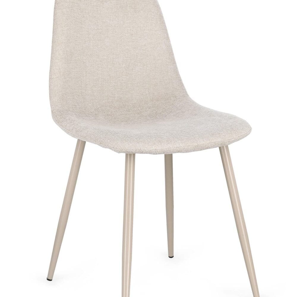 Sedia elegante in tessuto beige con gambe in legno, perfetta per arredi di casa e ufficio.