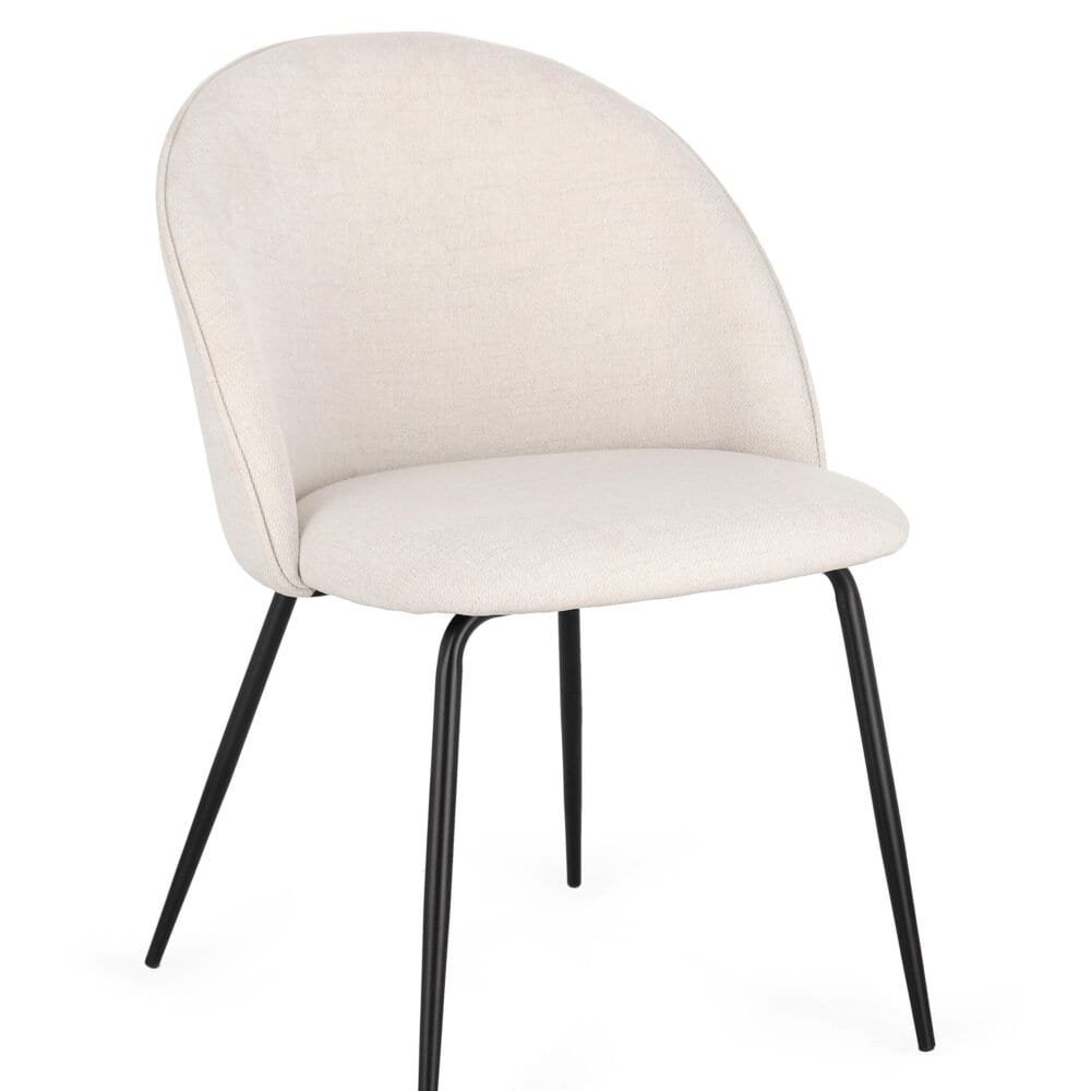Sedia elegante in tessuto beige con gambe nere, perfetta per soggiorno o ufficio.