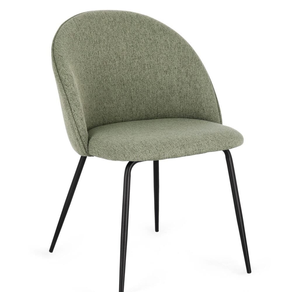 Sedia moderna in tessuto verde con gambe nere, design elegante e confortevole.