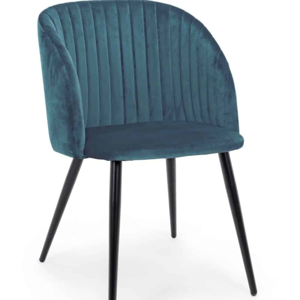 Sedia moderna in velluto blu con gambe nere, design di alta qualità, ideale per soggiorno o salotto.