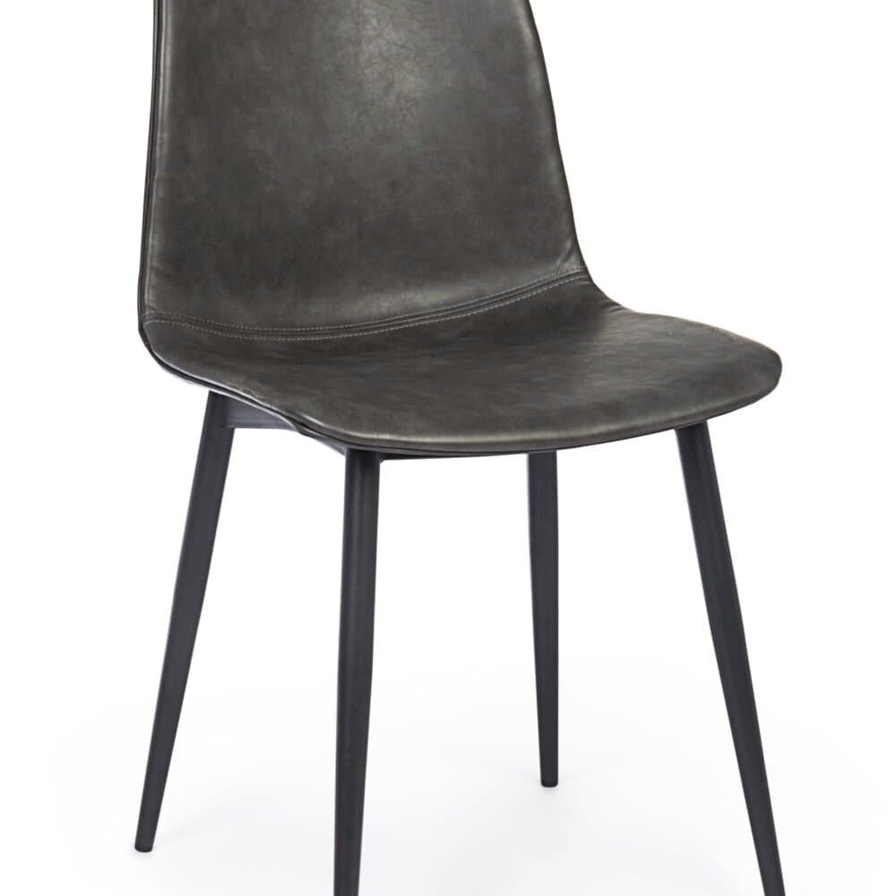 Sedia moderna in pelle nera con struttura in legno nero, design minimalista e stile sofisticato.