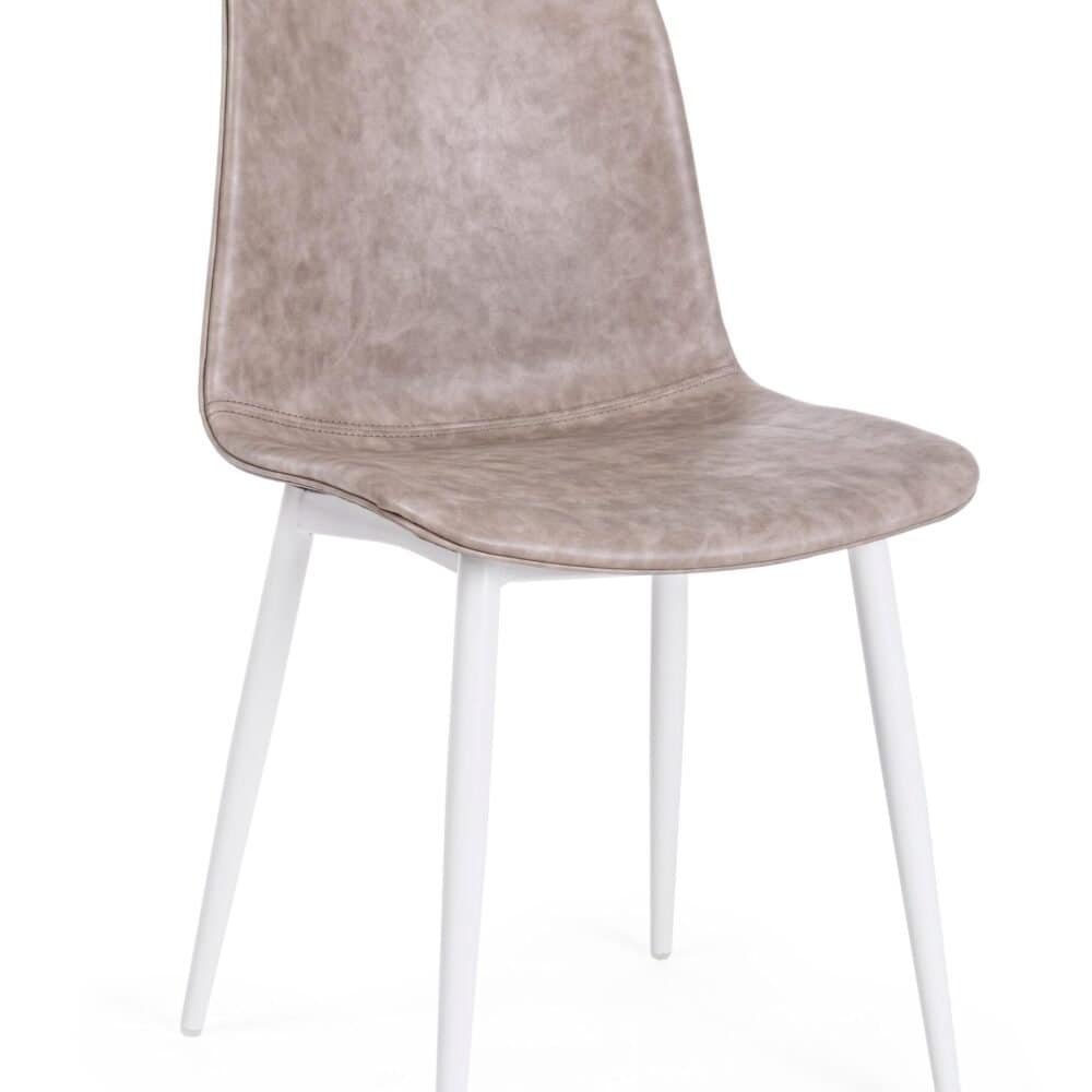 Sedia moderna in tessuto taupe con gambe bianche, design minimalista, perfetta per sala da pranzo o ufficio.