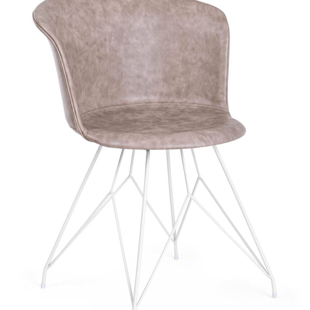Sedia in tessuto beige con struttura in metallo bianco, perfetta per ambienti contemporanei e di design.
