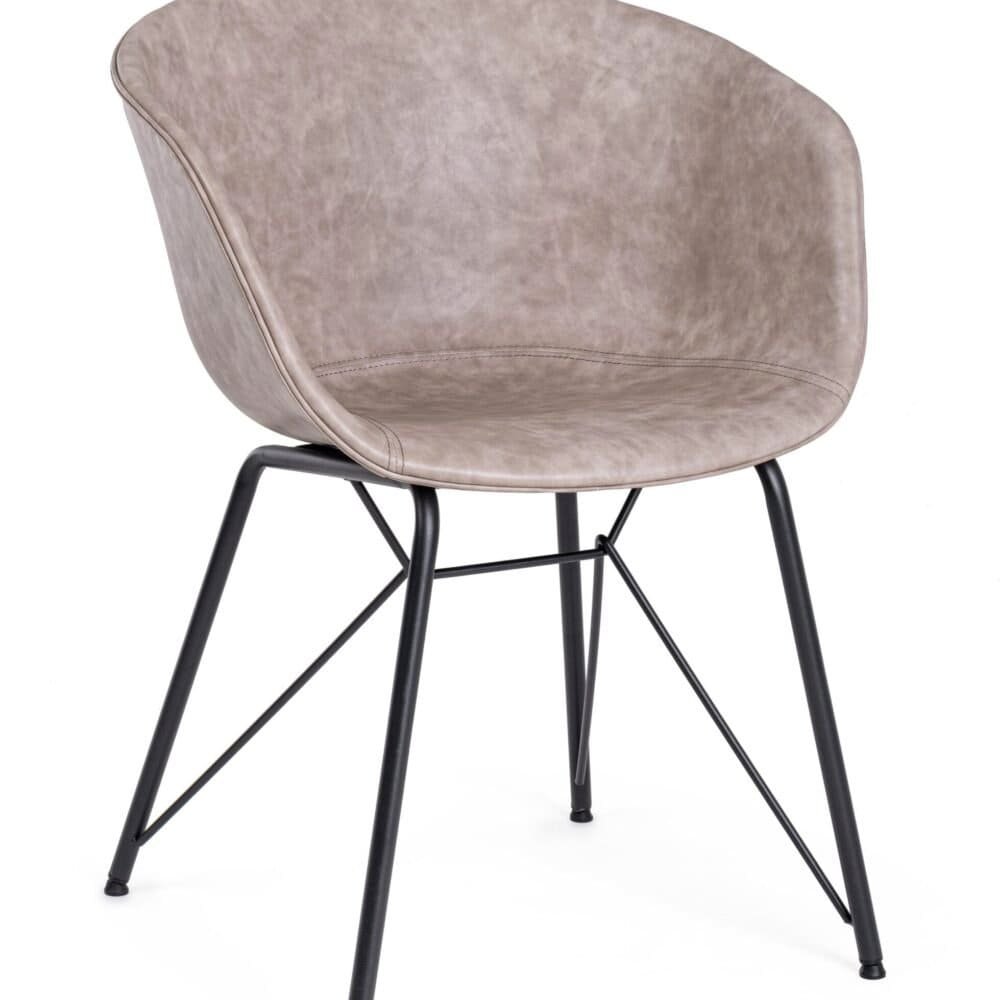 Sedia elegante in velluto beige con struttura in metallo nero, perfetta per interni moderni e di stile.