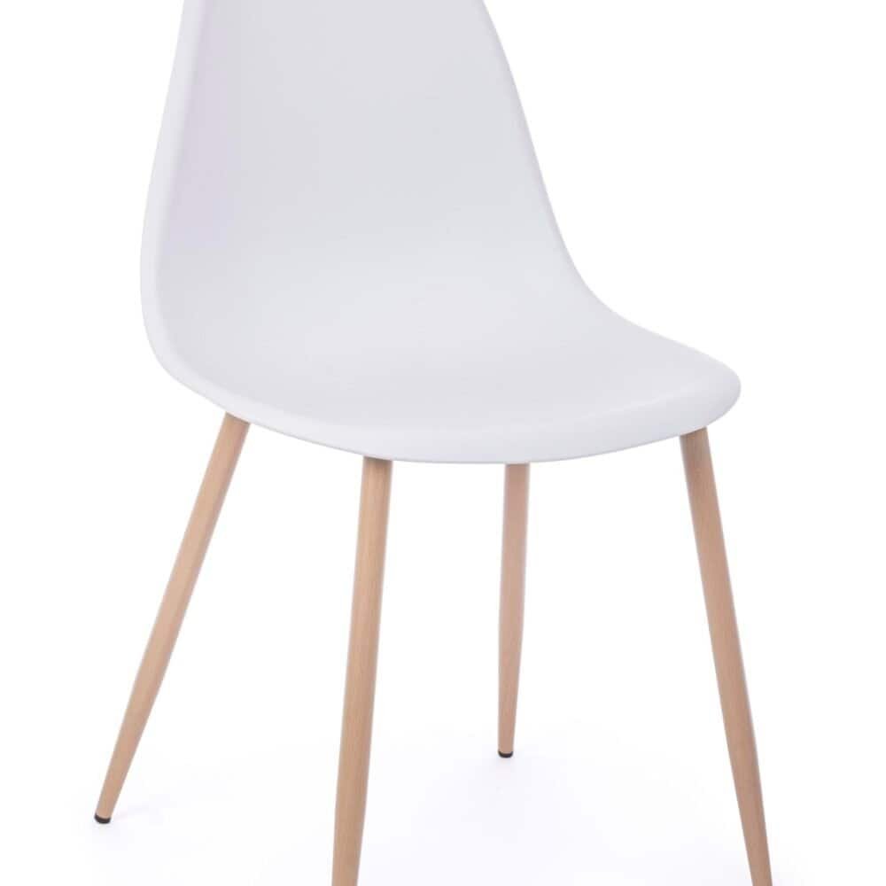 Sedia design bianca con gambe in legno chiaro, ideale per arredo moderno e minimalista.