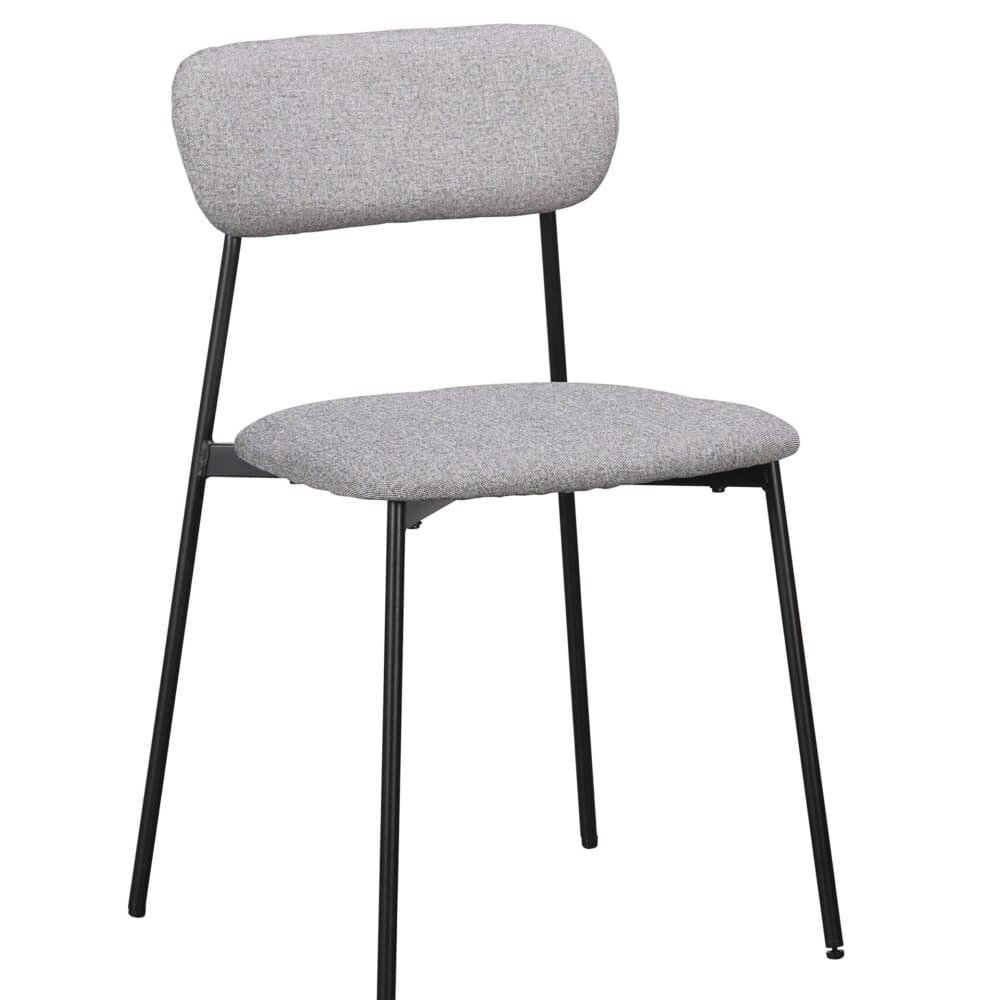 Sedia moderna in tessuto grigio con struttura in metallo nero.