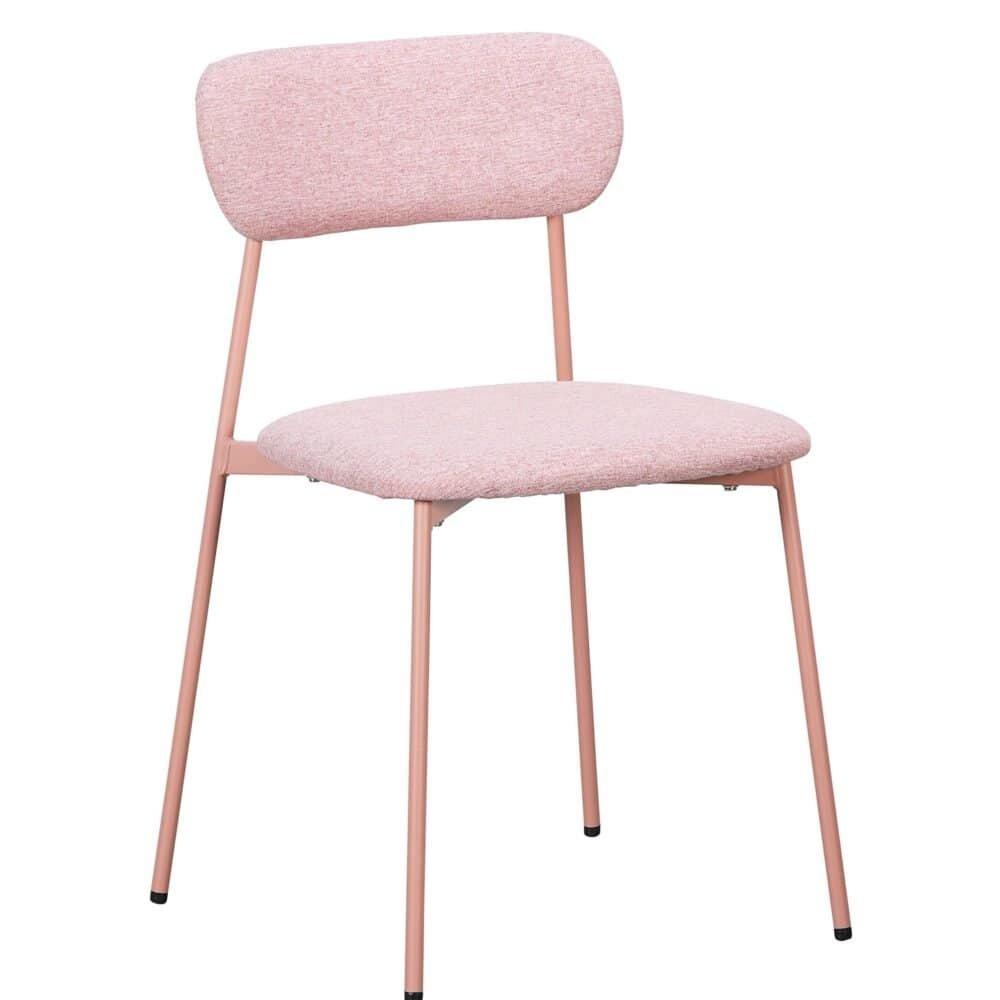 Sedia moderna in tessuto rosa con struttura in metallo elegante.
