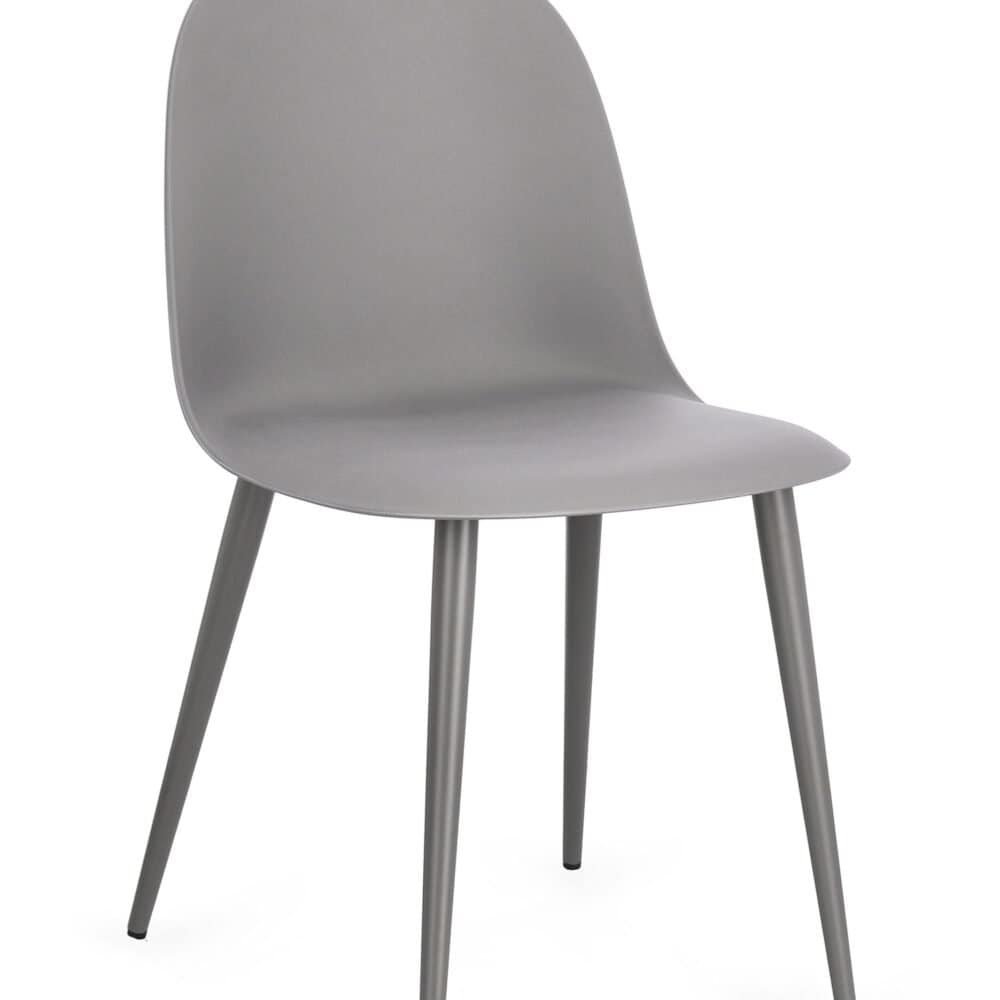 Sedia moderna grigia con struttura in legno e seduta imbottita, perfetta per arredare casa o ufficio.