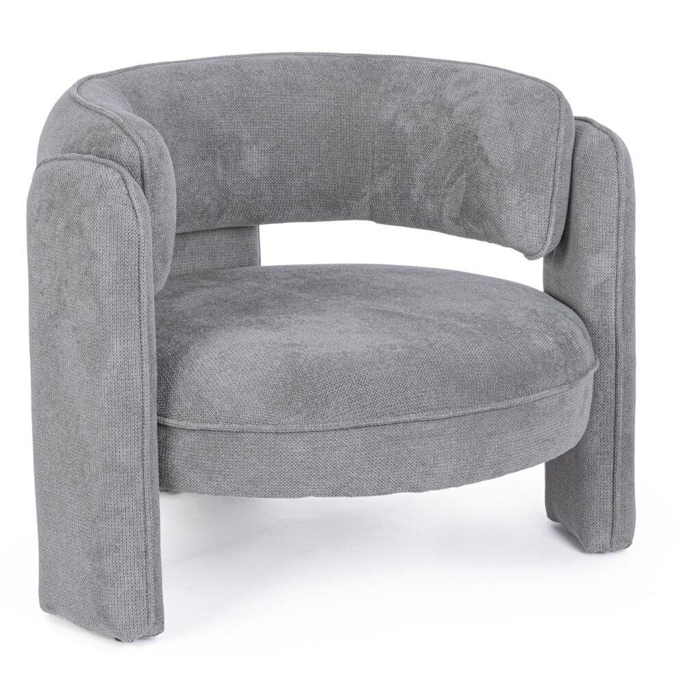 Poltrona in tessuto grigio con design contemporaneo, perfetta per soggiorno e zona relax.