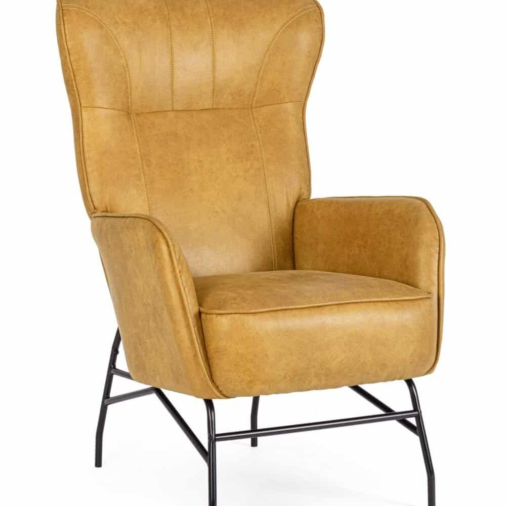 Poltrona in pelle marrone vintage con struttura in metallo nero, stile retrò e comfort elegante.