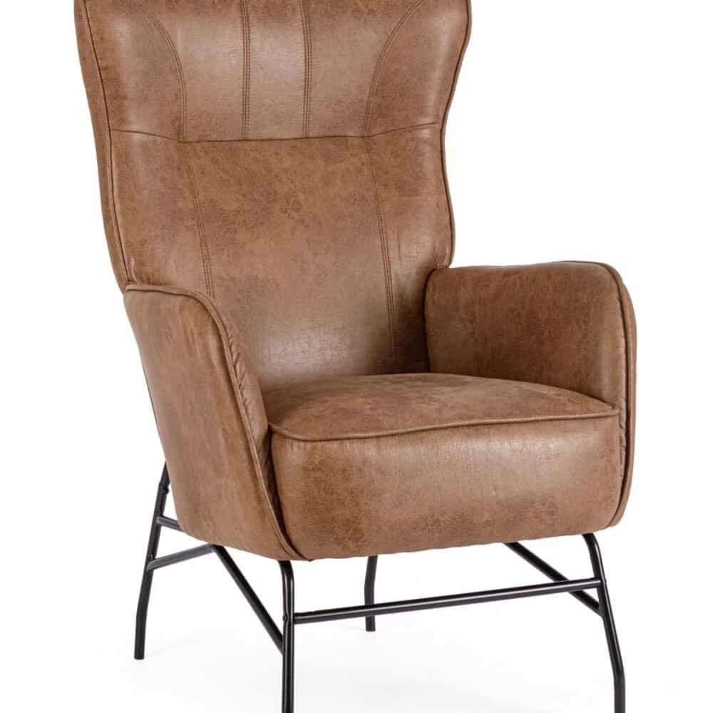 Sedia in pelle color marrone con struttura in metallo nero, stile retrò e comfort elegante.