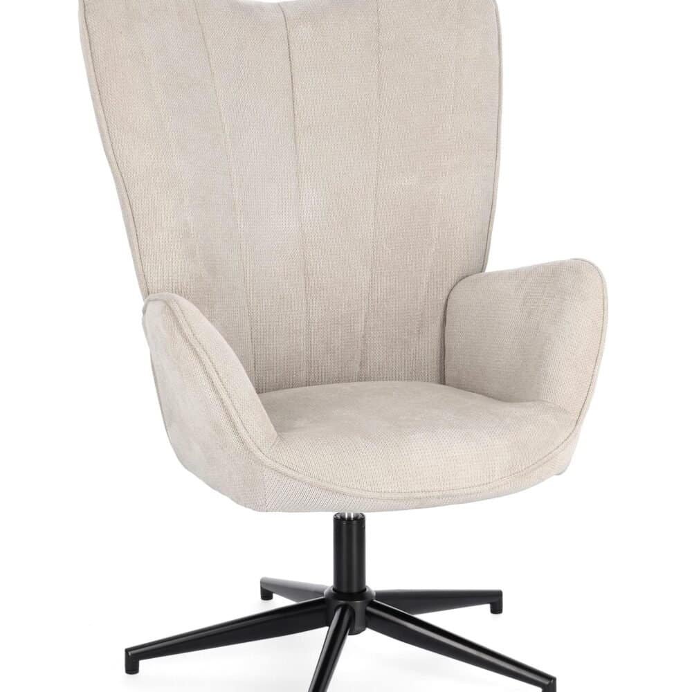 Poltrona ufficio imbottita in tessuto beige con base a cinque raggi e rotelle per massimo comfort.