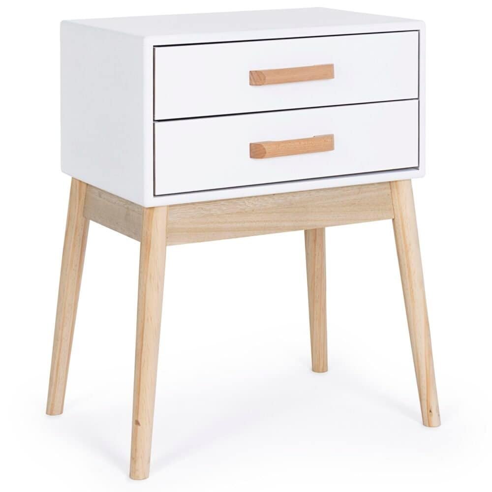 Comodino bianco con cassetti in legno naturale, design minimalista e funzionale.