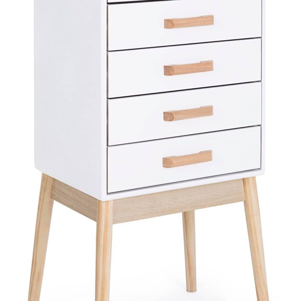 Comò bianco con maniglie in legno naturale, stile minimalista e elegante. Perfetto per camere da letto giovani e moderne.