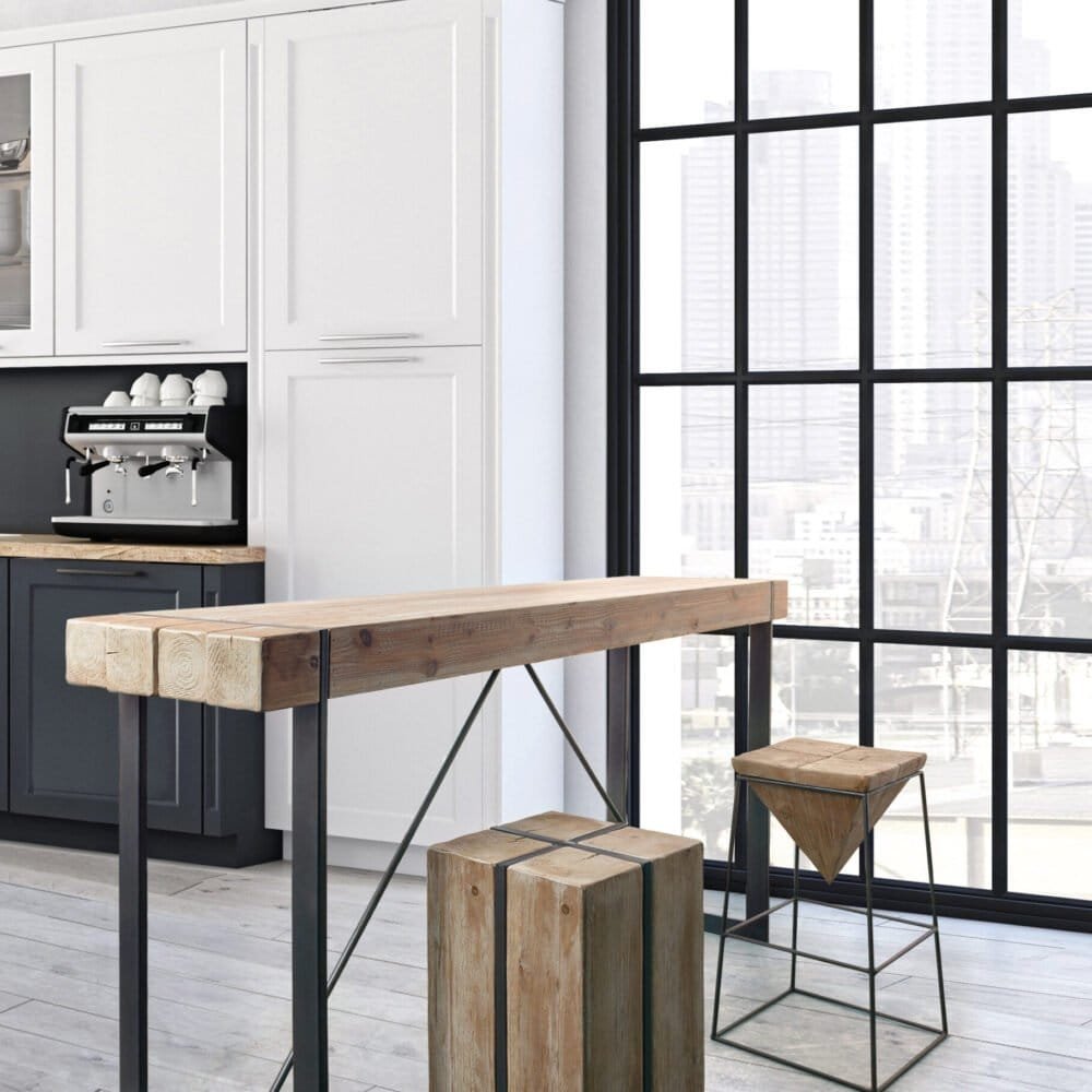 Alta text: Tavolo moderno in legno e ferro in stile industriale.