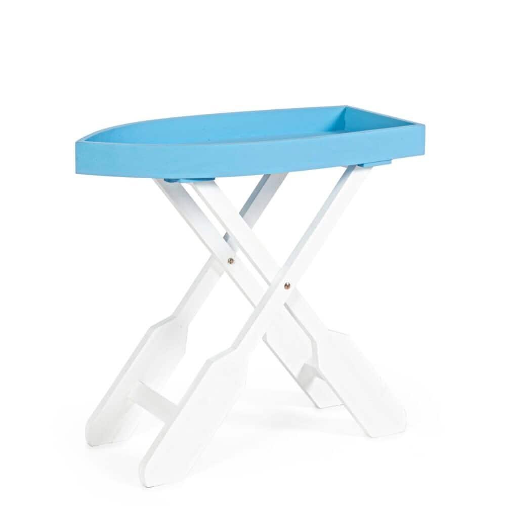 Sedia di bambù blu con base bianca, perfetta per giardino o terrazza.