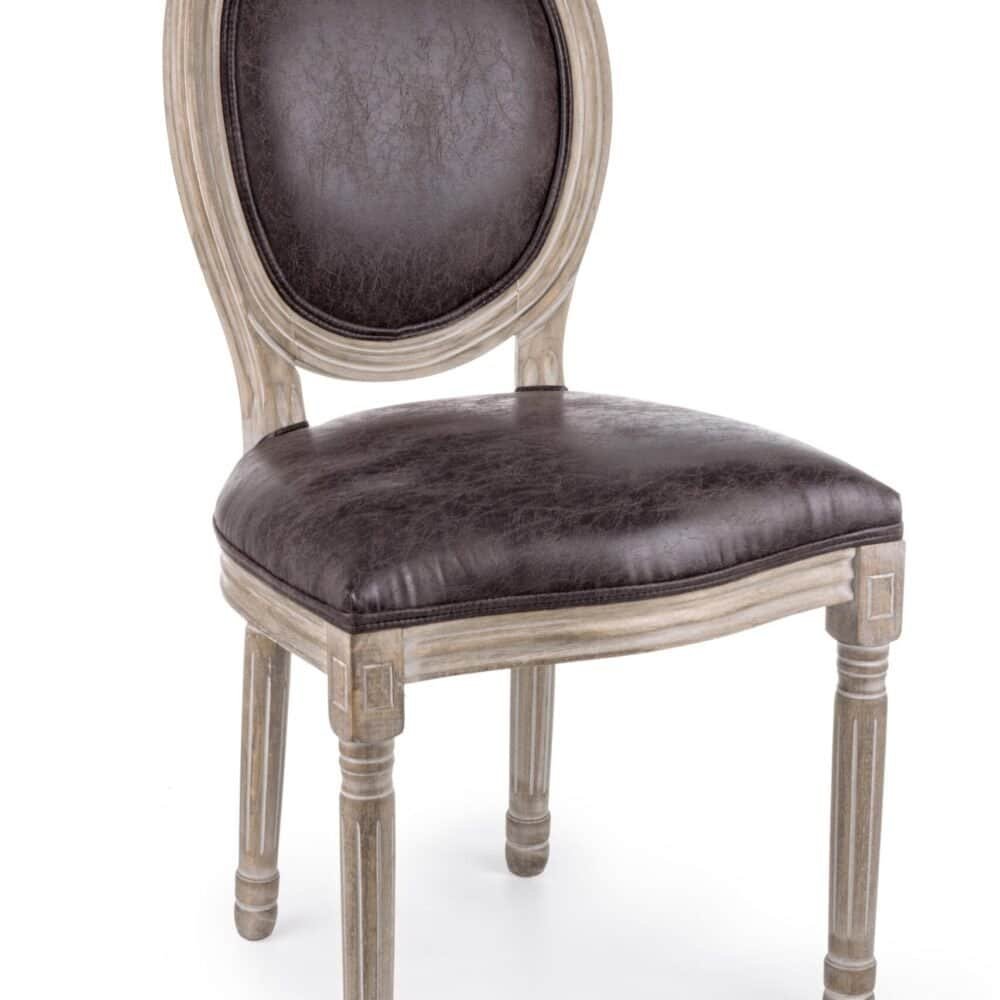 Sedia elegante in stile classico con struttura in legno e rivestimento in pelle marrone scuro.