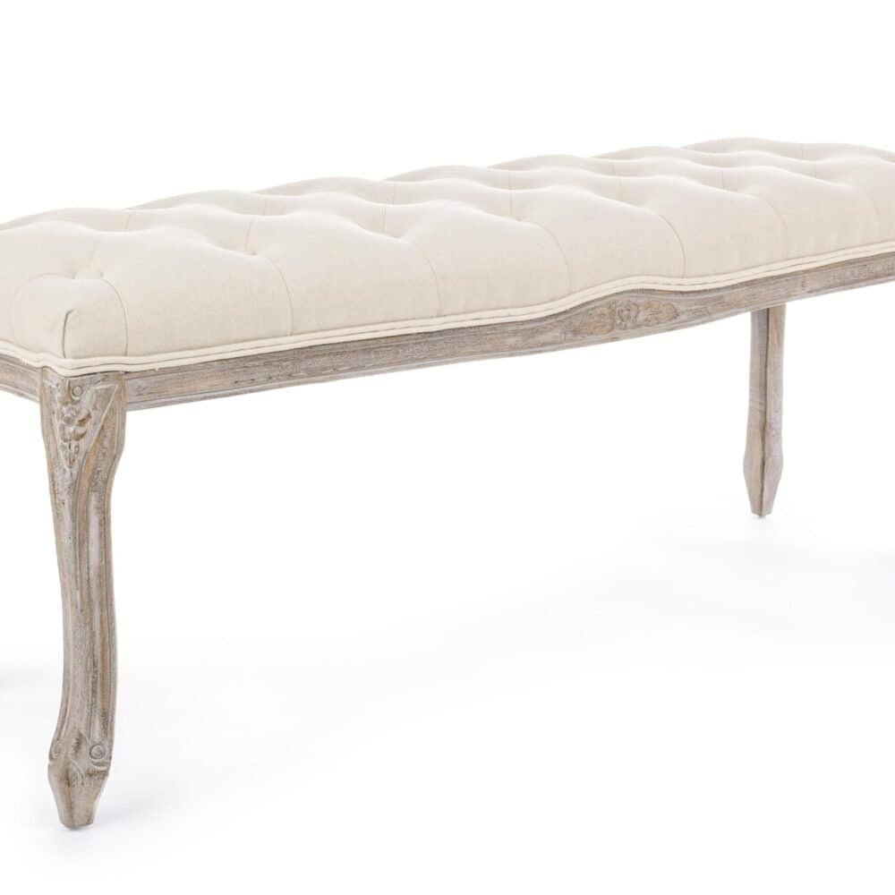 Letto antico in stile shabby chic con struttura in legno e imbottitura beige, perfetto per un arredamento elegante e romantico.