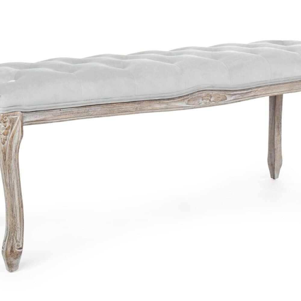 Banco decorativo in legno con seduta in velluto bianco, stile vintage e design ricercato. Ideale per arredi di pregio.