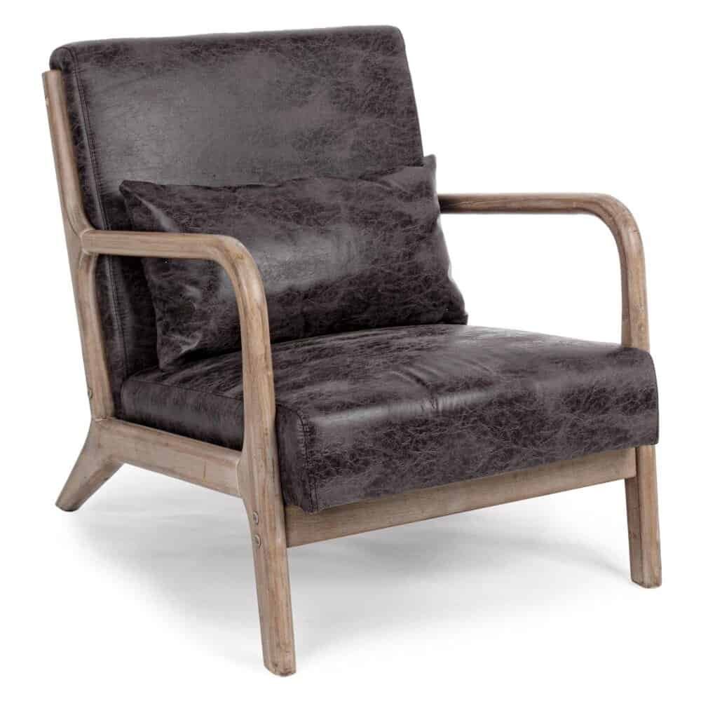 Poltrona in pelle marrone scuro con struttura in legno naturale, stile vintage e design elegante.