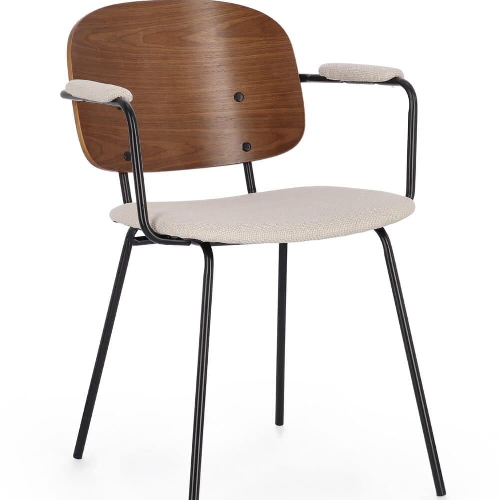 Sedia design con seduta in tessuto e schiena in legno, stile contemporaneo, perfetta per ogni ambiente.