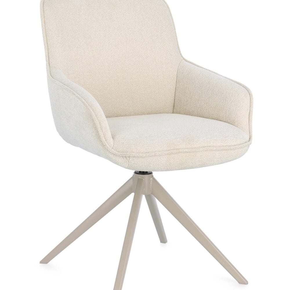Sedia ufficio in tessuto beige con struttura girevole per interni eleganti e funzionali.