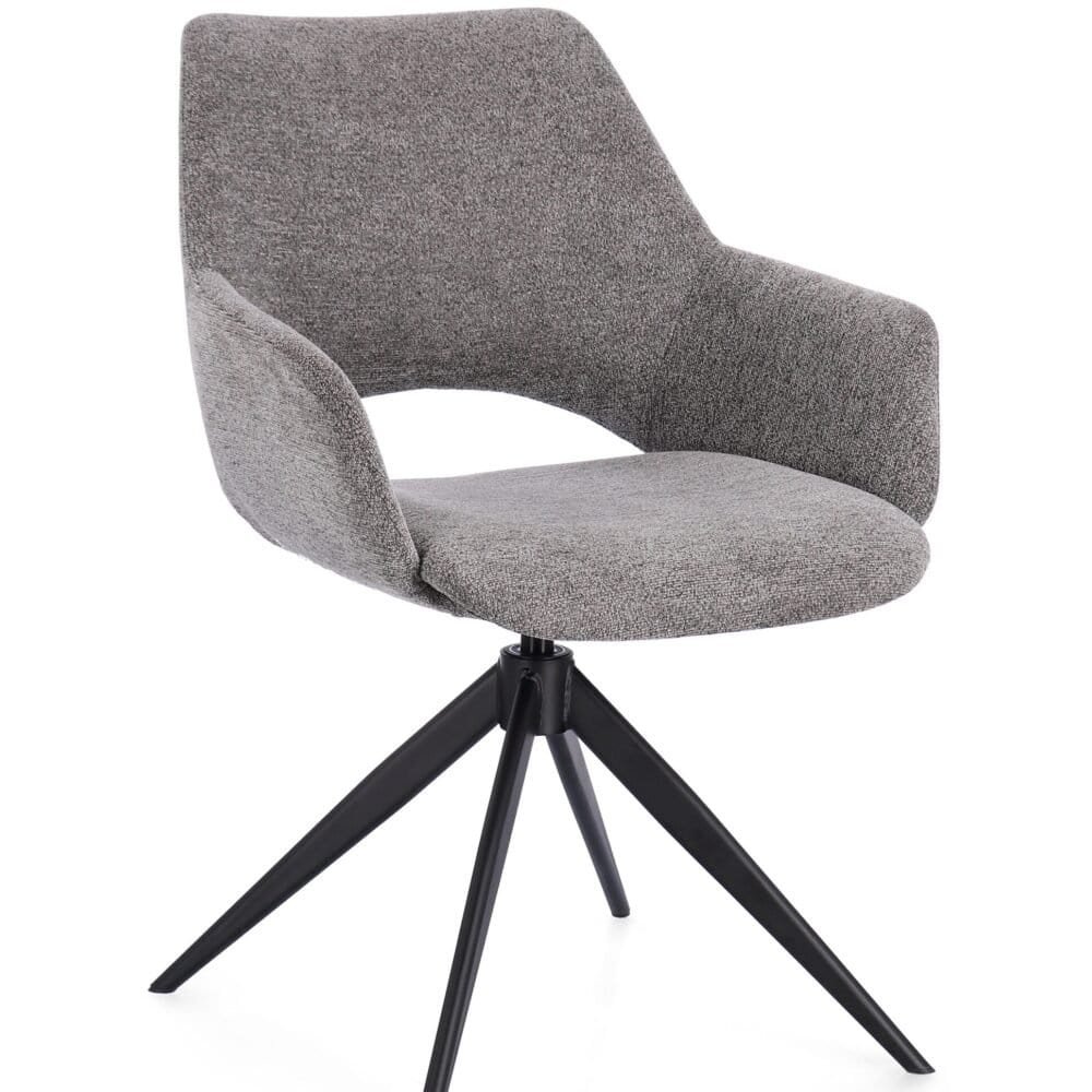 Sedia design grigia con rivestimento in tessuto, per soggiorno o scrivania.