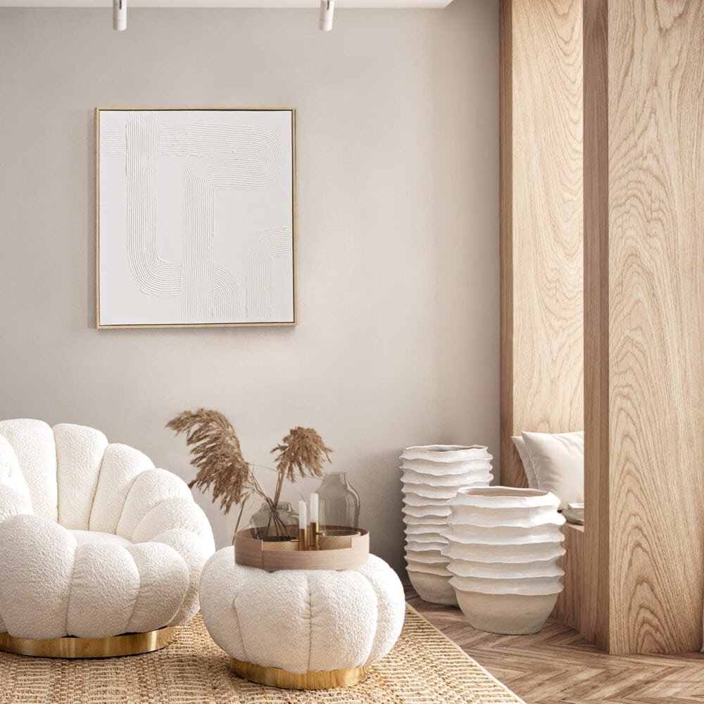 Foto di un salotto moderno in stile minimal con seduta a forma di fiore, decorazioni in tonalità neutre e feel accogliente.