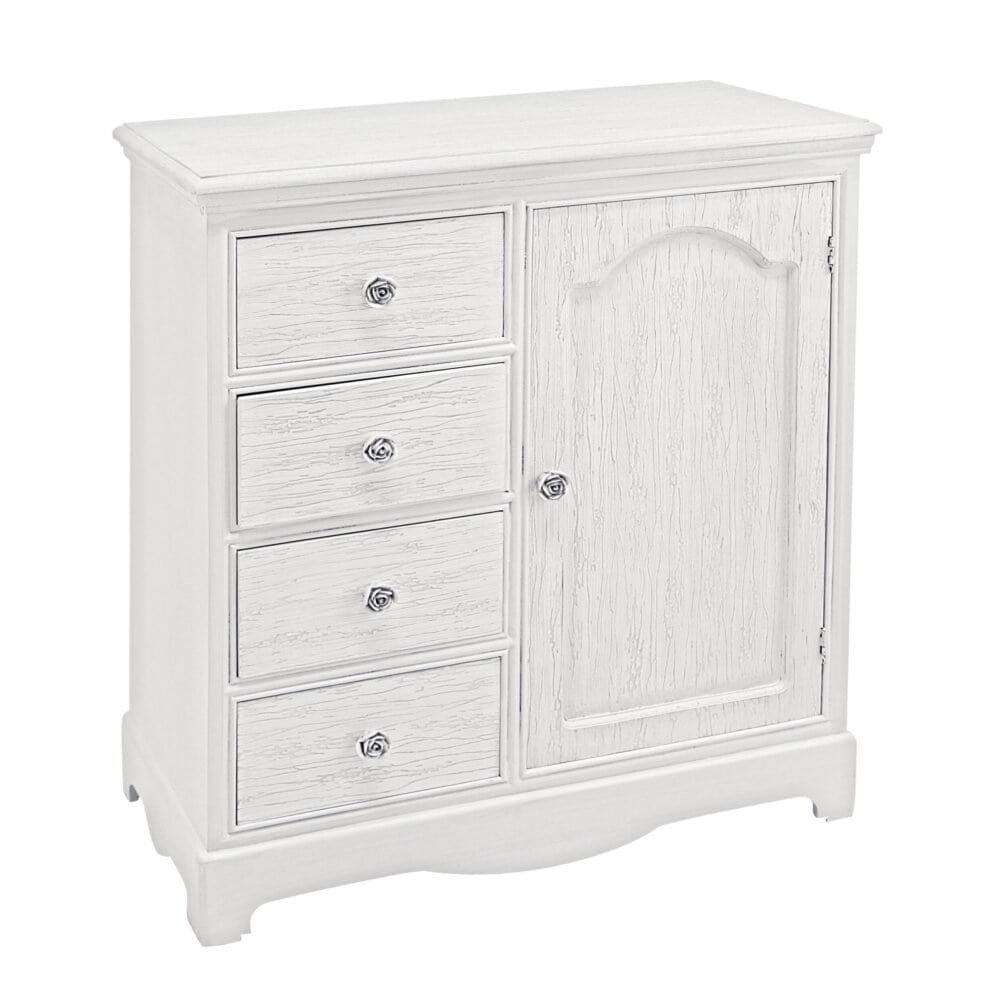 Mobili in stile classico, cassettiera bianca con quattro cassetti e porta, ideale per arredamenti eleganti e pratici.